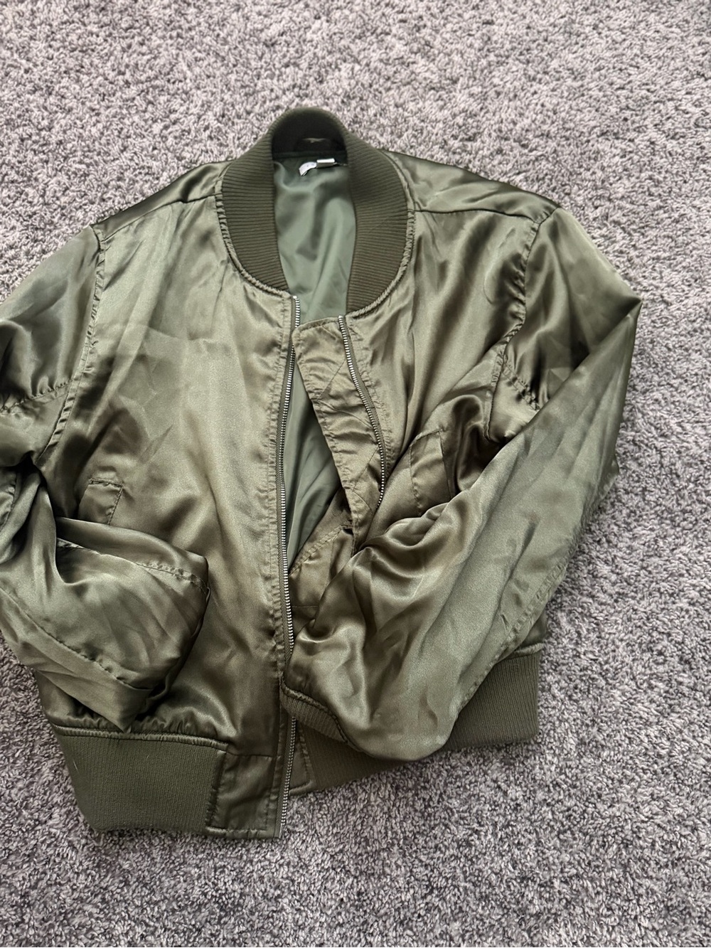 Topshop Olive Green Satin Bomber Jacket